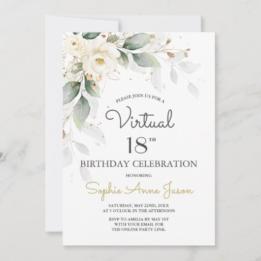 Witte Gouden Bloemen Virtueel 18e Verjaardagsfeest Kaart (Voorkant)