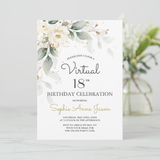 Witte Gouden Bloemen Virtueel 18e Verjaardagsfeest Kaart (Staand voorkant)