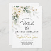 Witte Gouden Bloemen Virtueel 18e Verjaardagsfeest Kaart (Voorkant / Achterkant)