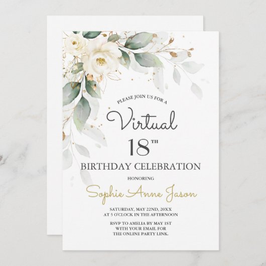 Witte Gouden Bloemen Virtueel 18e Verjaardagsfeest Kaart (Voorkant / Achterkant)