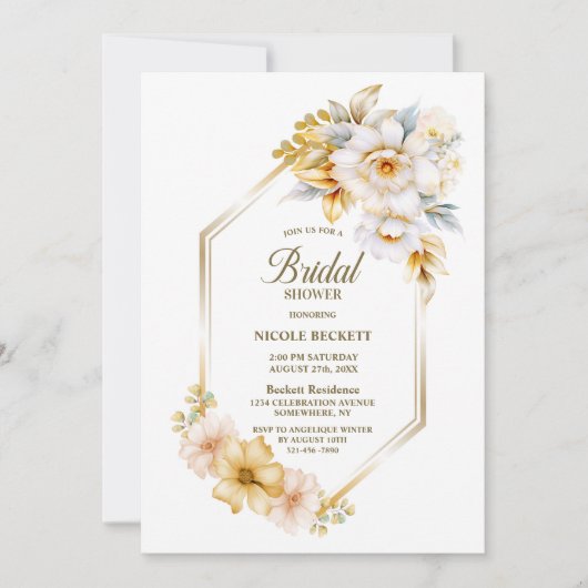 Witte Gouden Bloemige Geometrische Bruidsfeest Kaart (Voorkant)
