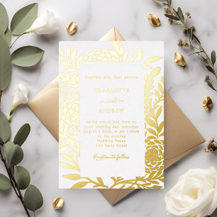 Witte gouden botanische luxe trouwdag folie uitnodiging