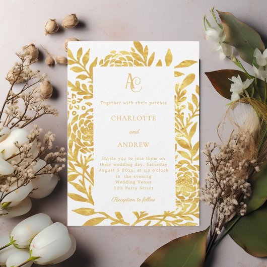 Witte gouden botanische monogram luxe trouw kaart