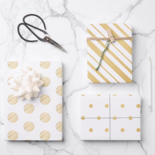 Witte & Gouden Candy Cane Stripes & Polka Dots Inpakpapier Vel (Voorkant)
