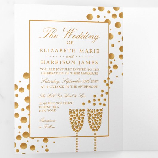 Witte & Gouden Champagne Bubbels, Bruiloft Suite Drieluik Uitnodiging (Binnenzijde eerst)