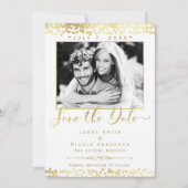 Witte & Gouden Confetti Foto Huwelijk Save the Dat Kaart (Voorkant)