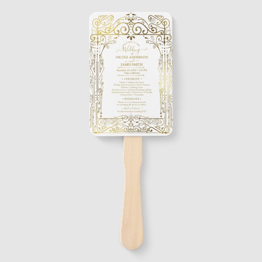 Witte Gouden Deco Chic Glam Trouwprogramma Handven Handwaaier (Voorkant)
