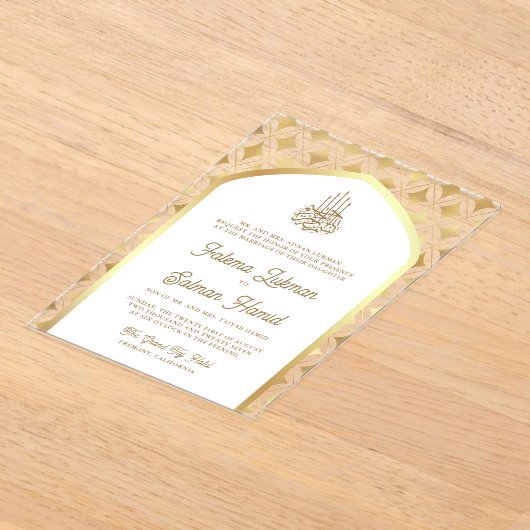 Witte Gouden Diamanten Boog Moslim Bruiloft Acryl Uitnodigingen (Laagn)