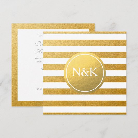 Witte & Gouden Folie Gestreepte Huwelijksuitnodigi Kaart (Voorkant / Achterkant)