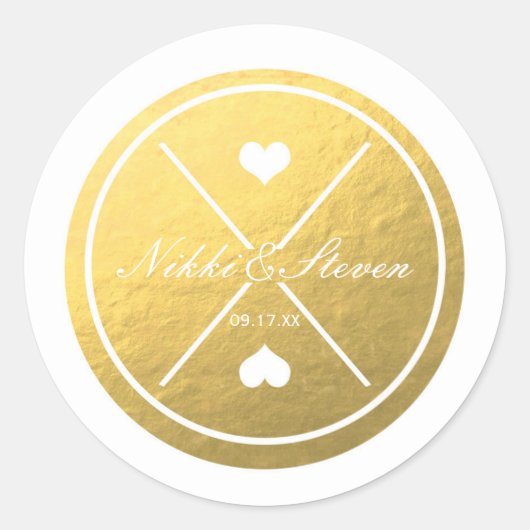 Witte & Gouden Folie Hart Ronde Bruiloft Sticker (Voorkant)
