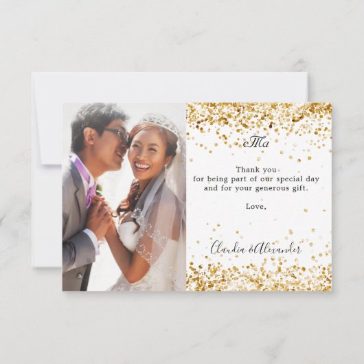 Witte gouden fotoelegante bruiloft bedankkaart (Achterkant)