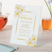 Witte gouden frangipani tropische bruiloft gunsten reclamebord met voetstuk (Insitu)
