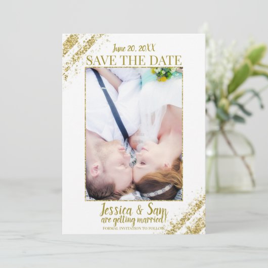 Witte & Gouden Glitter Foto Save the Date Trouwkaa Kaart (Staand voorkant)