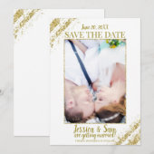 Witte & Gouden Glitter Foto Save the Date Trouwkaa Kaart (Voorkant / Achterkant)