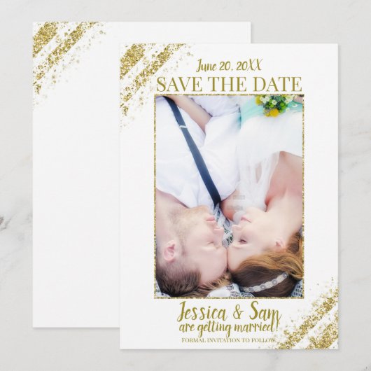Witte & Gouden Glitter Foto Save the Date Trouwkaa Kaart (Voorkant / Achterkant)