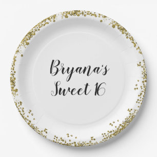 Witte Gouden Glitter Glam Rand Sweet 16 Aangepast Papieren Bordje