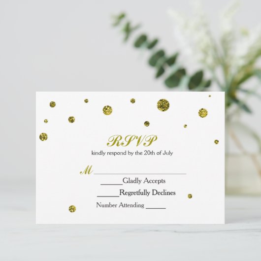 Witte & Gouden Glitter Stippen RSVP Wedding Kaart (Staand voorkant)