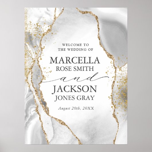 Witte, Gouden & Grijze Mist Agaat Bruiloft Poster (Voorkant)