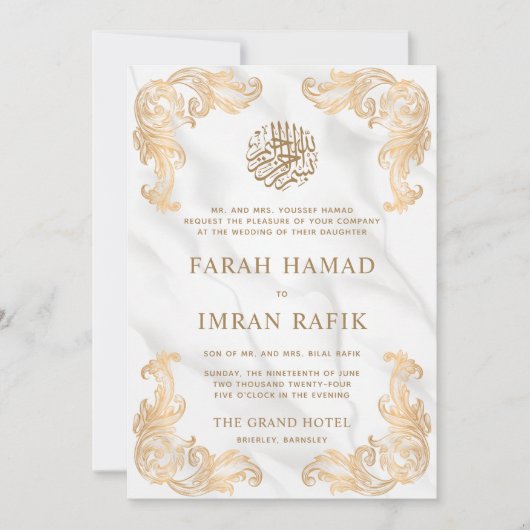 Witte  Gouden Hoek Islamitische Moslim Bruiloft Kaart (Voorkant)