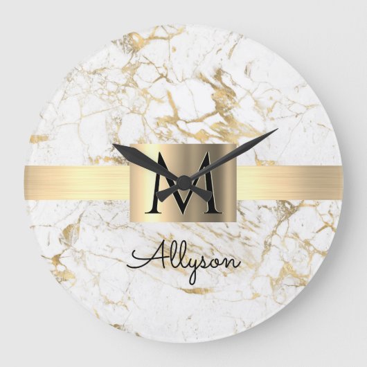 Witte & Gouden Marmeren Gouden Doos, Zwarte Naam M Grote Klok (Voorkant)