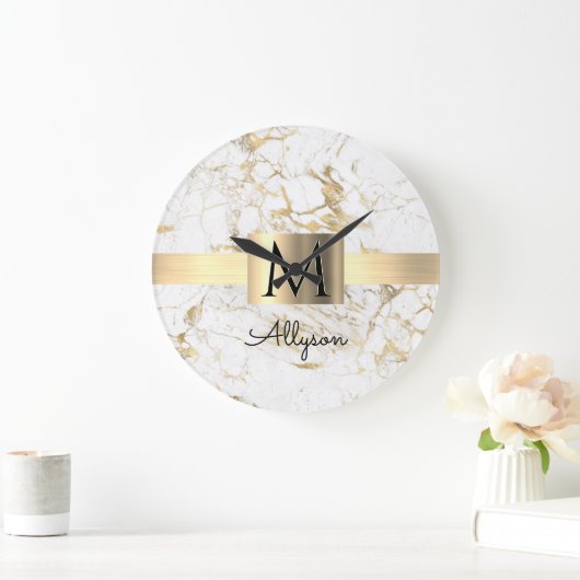 Witte & Gouden Marmeren Gouden Doos, Zwarte Naam M Grote Klok