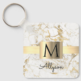 Witte & gouden marmeren gouden doos, zwarte naammo sleutelhanger