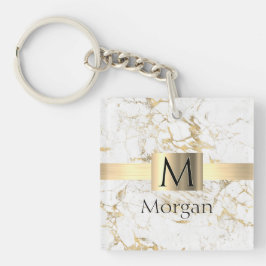 Witte & gouden marmeren gouden doos, zwarte naammo sleutelhanger