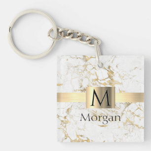 Witte & gouden marmeren gouden doos, zwarte naammo sleutelhanger