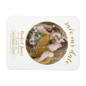 Witte & Gouden Moderne Ronde Foto sparen de Datum Magneet (Horizontaal)