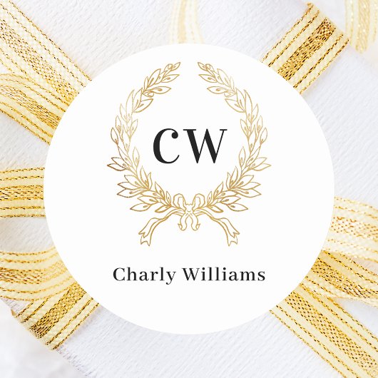 Witte gouden monogram initiaal krans ronde sticker