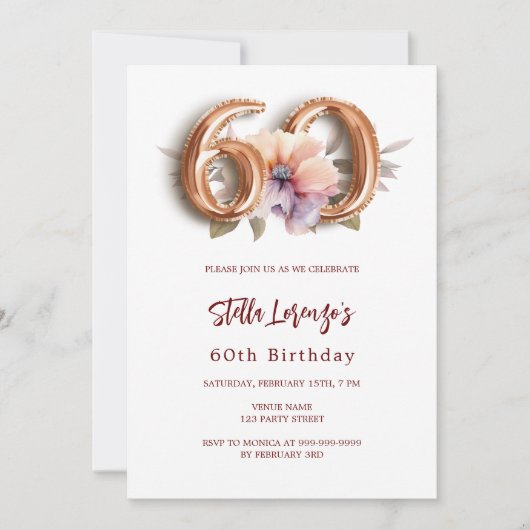 Witte gouden perzik bloemig 60e verjaardag kaart (Voorkant)