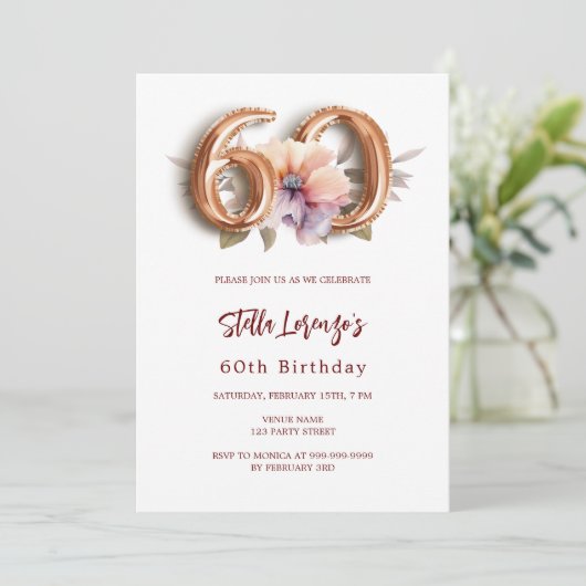 Witte gouden perzik bloemig 60e verjaardag kaart (Staand voorkant)