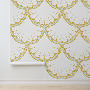 Witte gouden shell patroon op Aqua blauw Behang