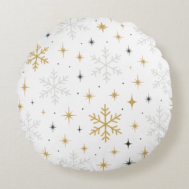 Witte & Gouden Sneeuwvlok Glitter Worp Kussen  (Voorkant)