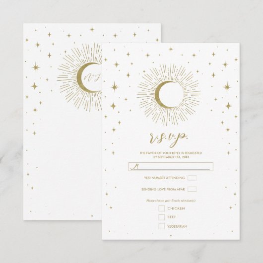 Witte & Gouden Stars Hemelse Zonne-uitbarsting Maa RSVP Kaartje (Voorkant / Achterkant)
