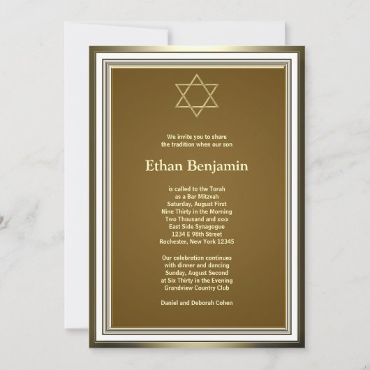 Witte Gouden Ster van David Bar Mitzvah Kaart (Voorkant)