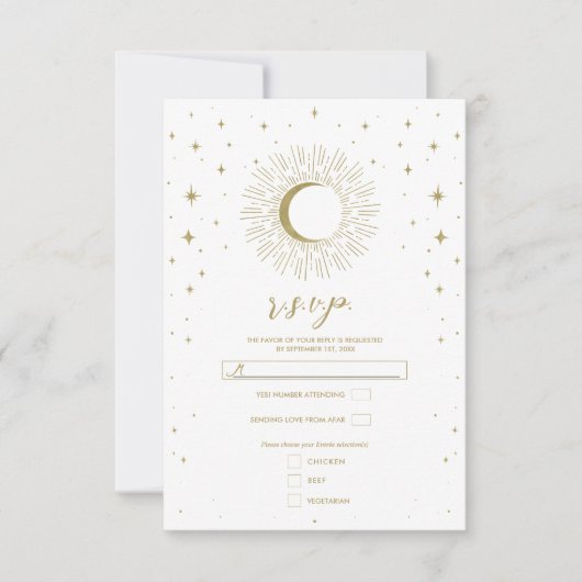 Witte & Gouden Sterren Celestial Sunburst Moon RSV RSVP Kaartje (Voorkant)