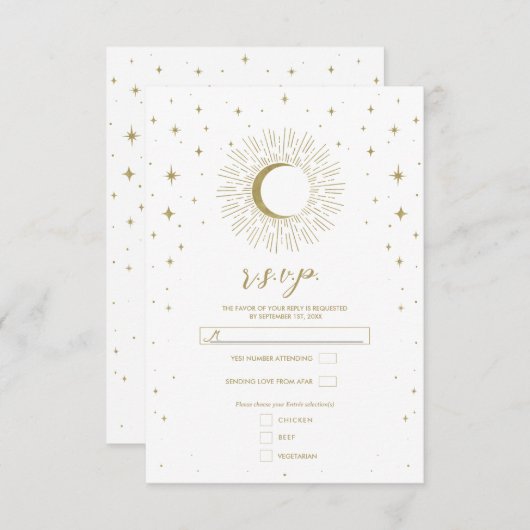 Witte & Gouden Sterren Celestial Sunburst Moon RSV RSVP Kaartje (Voorkant / Achterkant)
