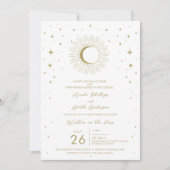 Witte & Gouden Sterren Celestial Sunburst Moon Wed Kaart (Voorkant)