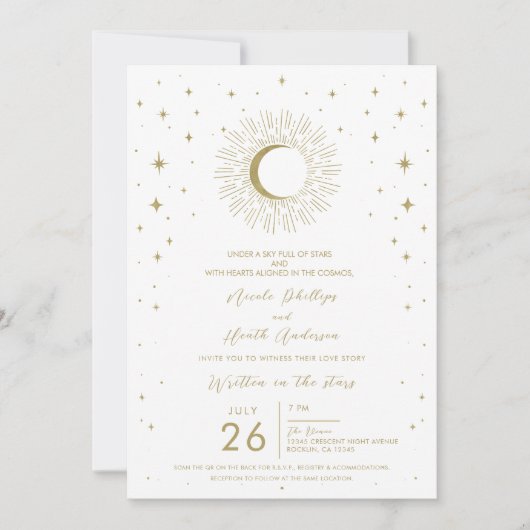 Witte & Gouden Sterren Celestial Sunburst Moon Wed Kaart (Voorkant)