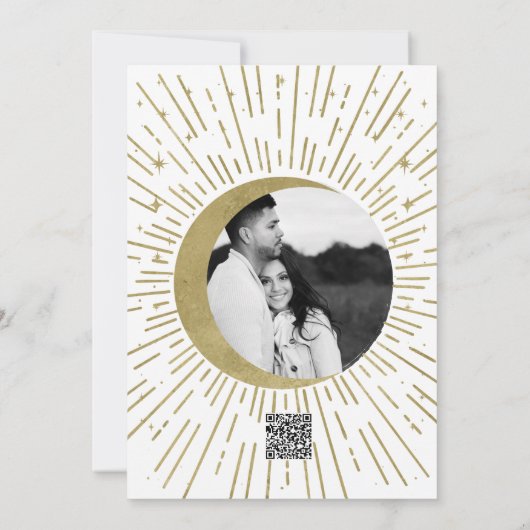 Witte & Gouden Sterren Celestial Sunburst Moon Wed Kaart (Achterkant)