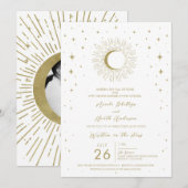 Witte & Gouden Sterren Celestial Sunburst Moon Wed Kaart (Voorkant / Achterkant)