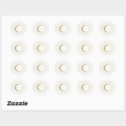 Witte & Gouden Sterren Celestial Sunburst Moon Wed Ronde Sticker (Vel)