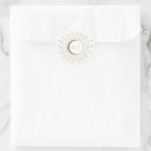Witte & Gouden Sterren Celestial Sunburst Moon Wed Ronde Sticker (Tas)