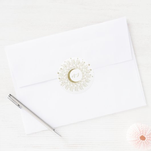 Witte & Gouden Sterren Celestial Sunburst Moon Wed Ronde Sticker (Envelop)