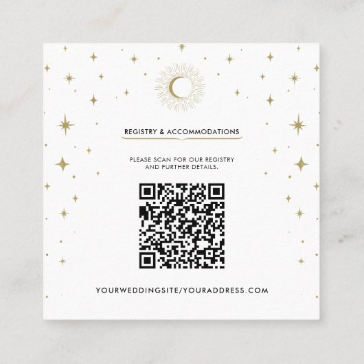 Witte & Gouden Sterren Celestial Sunburst Moon Wed Vierkante Visitekaartje (Achterkant)