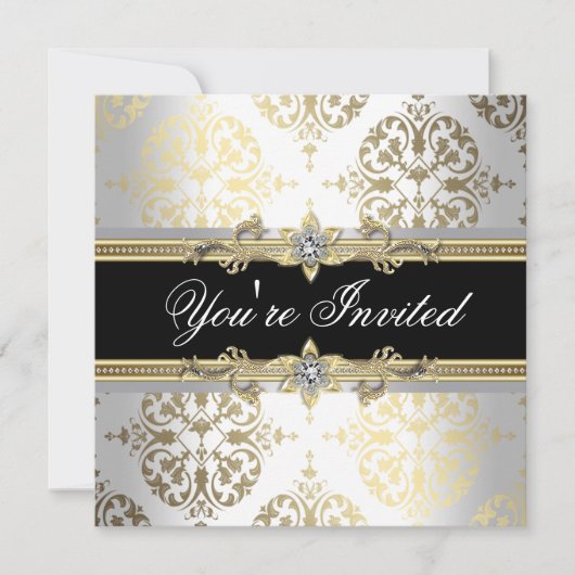 Witte Gouden Zwarte Damast Feest Uitnodigingen (Voorkant)
