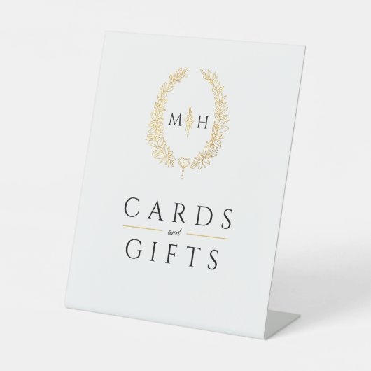 Witte gouden zwarte monogram trouwkaarten en gesch reclamebord met voetstuk (Voorkant)