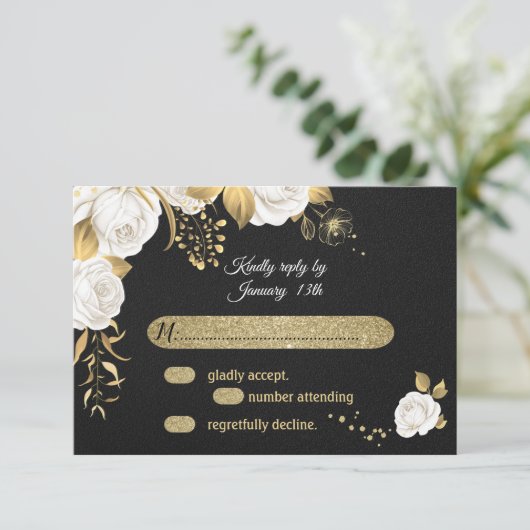 witte goudflorzwarte RSVP-kaart RSVP Kaartje (Staand voorkant)