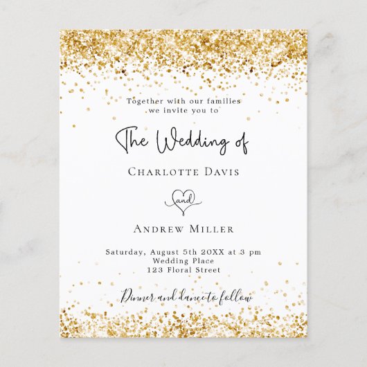 Witte goudglitter-bruidskous huwelijksuitnodiging flyer